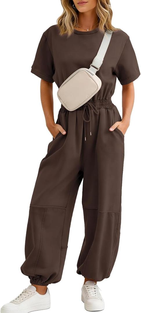 Flygo One Piece Jumpsuits for Women Crewneck Short Sleeve Casual Wide Leg Long Pants Drawstring Rompers Outfits with Pockets, Small