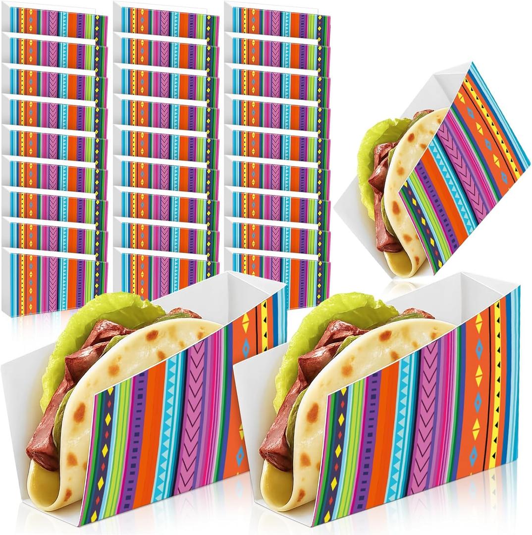 50 Pcs Taco Nights Mexican Cinco De Mayo Party Taco Holder Mexican Nacho Popcorn Unassembled Trays Snack Disposable Paper Holder Carnival Party Food Container Stand Fiesta Parties Supply
