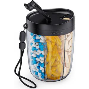 3 x AUVON Large Pill Organizer, Pill Dispenser for Holding 6 Various Vitamins, Pill Box Case with Anti-Mixing & Wide Opening Design, Easy to Retrieve Meds, Includes 20 Pcs Stick-on Labels (Black)