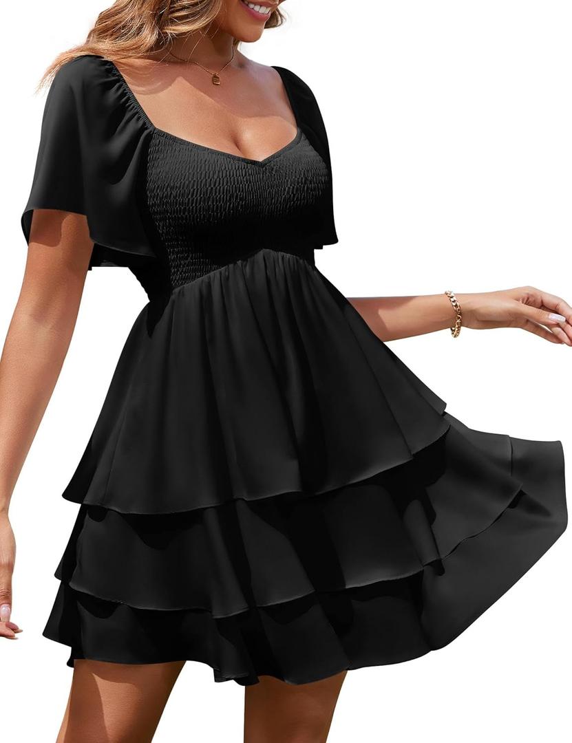 Florboom Women's Sweetheart Neckline Chiffon Dress Boho Smocked Tiered Flutter Sleeve Layered Mini Dresses (S)