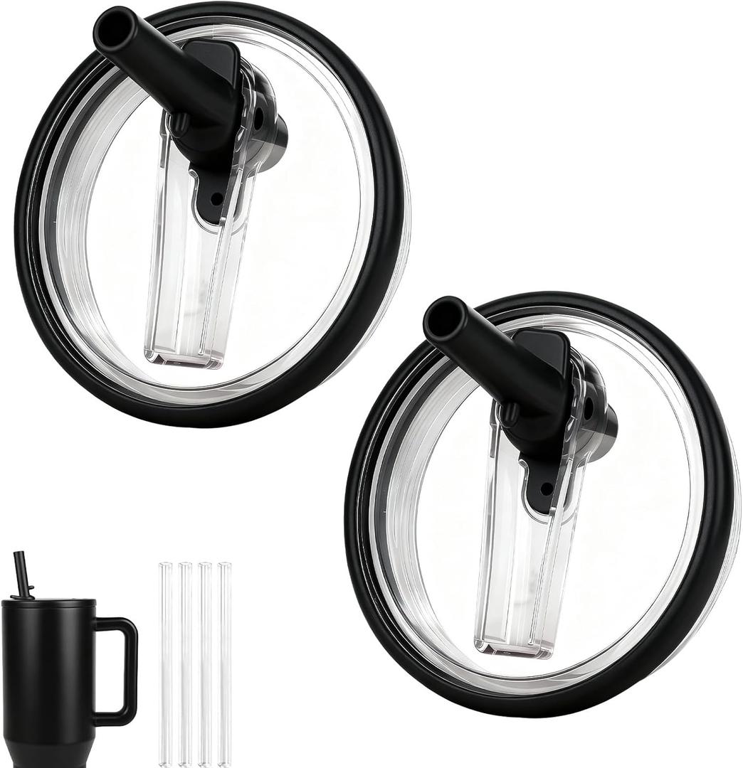 32oz Flip Straw Lid for HydroJug Traveler, Leak Proof Top Cap Replacement for HydroJug Tumbler, BPA-Free Dishwasher Safe Leak Resistant Cap with 4 Straws, Lids Accessories for Hydro Jug, Black*2