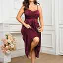 SCOMCHIC Women's Plus Size Dress Pleated V Neck Sleeveless Spaghetti Strap A Line Cocktail Party Cami Long Maxi Dress Burgundy (Red)