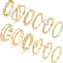 FAXHION 12 PCS Dainty 14K Gold Rings for Women, Eternity Open Chunky Twist Simulated Diamond Criss Cross Designs, Non Tarnish Gold Plated Stacking Thumb Ring, Perfect for Wedding Bands, Size 10