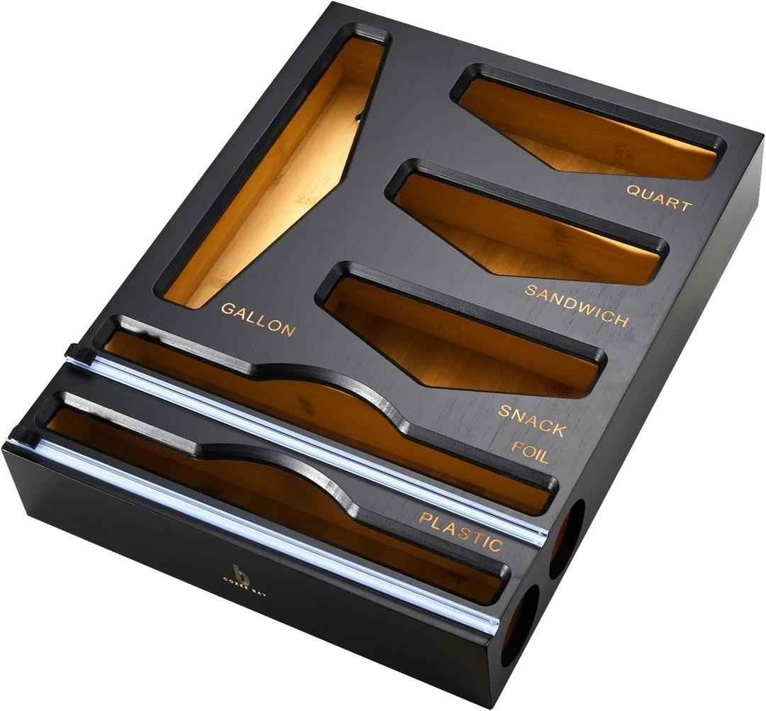 Cozee Bay Bamboo Food Bag Organizer with Foil and Plastic Wrap Organizer, Kitchen Drawer Organizer, Wrap Dispenser with Cutter, for Gallon, Quart, Sandwich, Snack Bags and 12" Roll (Black)