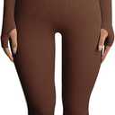 OLCHEE Womens Long Sleeve Workout Jumpsuit Square Neck Ribbed Seamless Yoga Romper Sexy Bodycon Tummy Control Unitard Onesie (Medium, Thumb Hole: Brown)