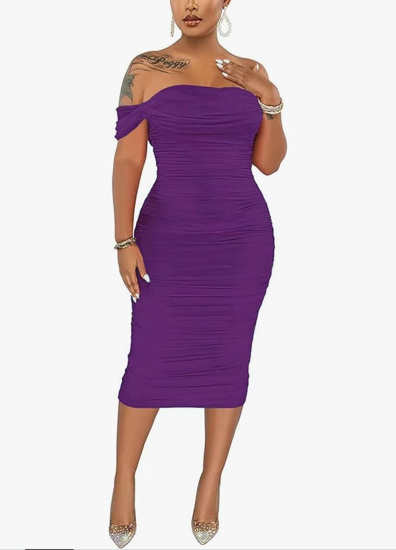 Women's Sexy Off Shoulder Sleeveless Bodycon Ruched Midi Elegant Cocktail Evening Party Night Tube Dresses,L