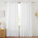 RYB HOME Sheer Curtains White 90 inches Long - Linen Texture Wave Fabric Vertical Window Shades for Sliding Glass Door Balcony Terrace Sun Room Beach Pool House, 52 x 90 inches, 1 Pair