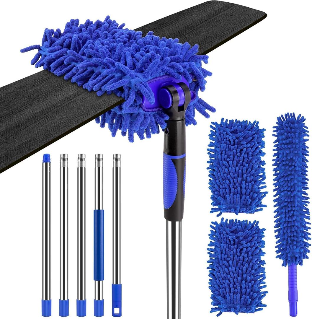 Ceiling Fan Cleaner Duster with 80" Extension Pole, Flexible and Washable Chenille Fan Duster for High Ceiling Fan Blades Light Fixtures Furnitures Blue