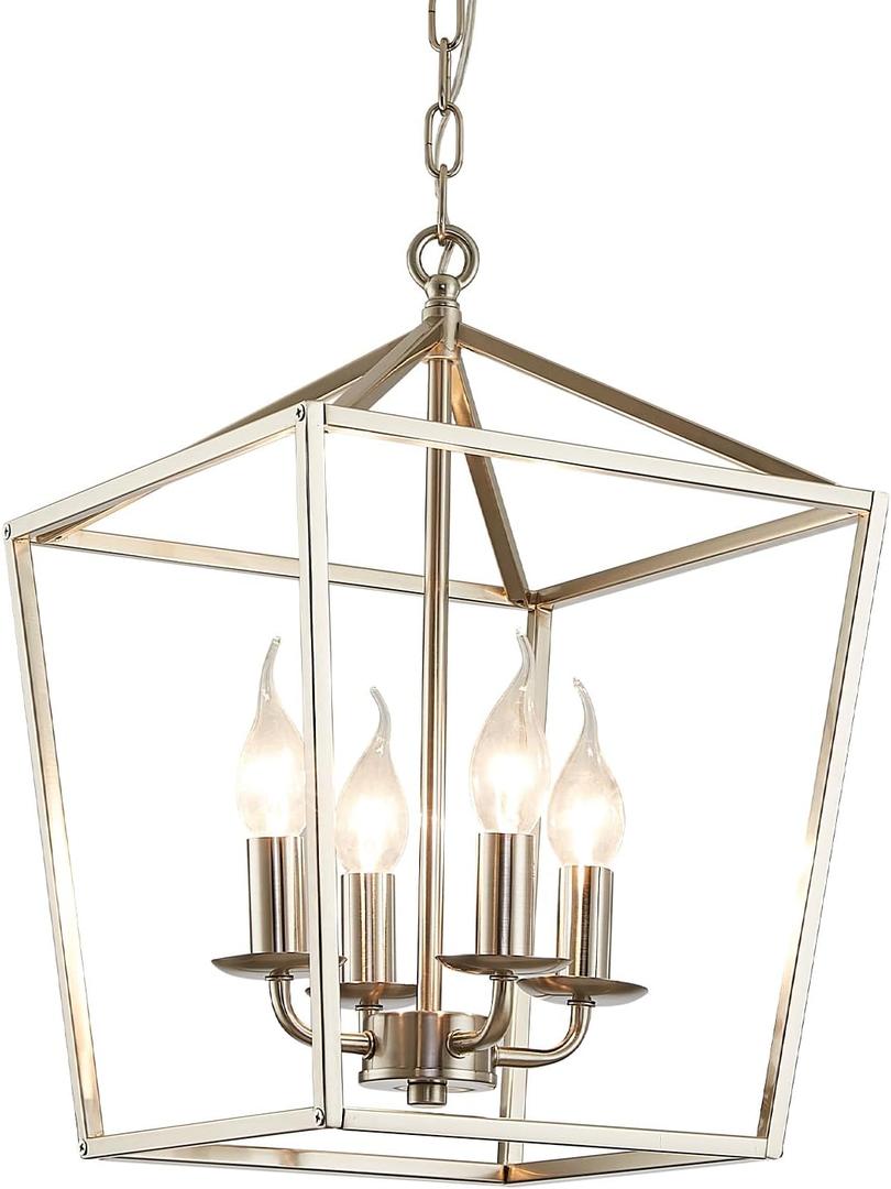 4-Light Brushed Nickel Farmhouse Chandelier, 12" Industrial Ceiling Light Lantern Pendant Light with Metal Cage Adjustable Height Rustic Hanging Light E12 Base for Kitchen Island Dining Room Entryway