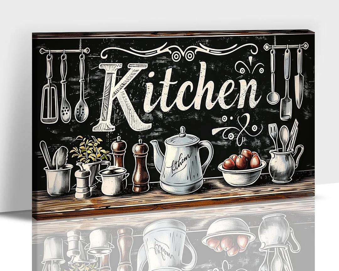 Farmhouse Kitchen Wall Art - Black Kitchen Sign Wall Decor, Vintage Rustic Kitchenware Canvas Art Print Pictures, Modern Kitchen Painting Framed Artwork for Country Dining Area Decoration 18x24 Inches