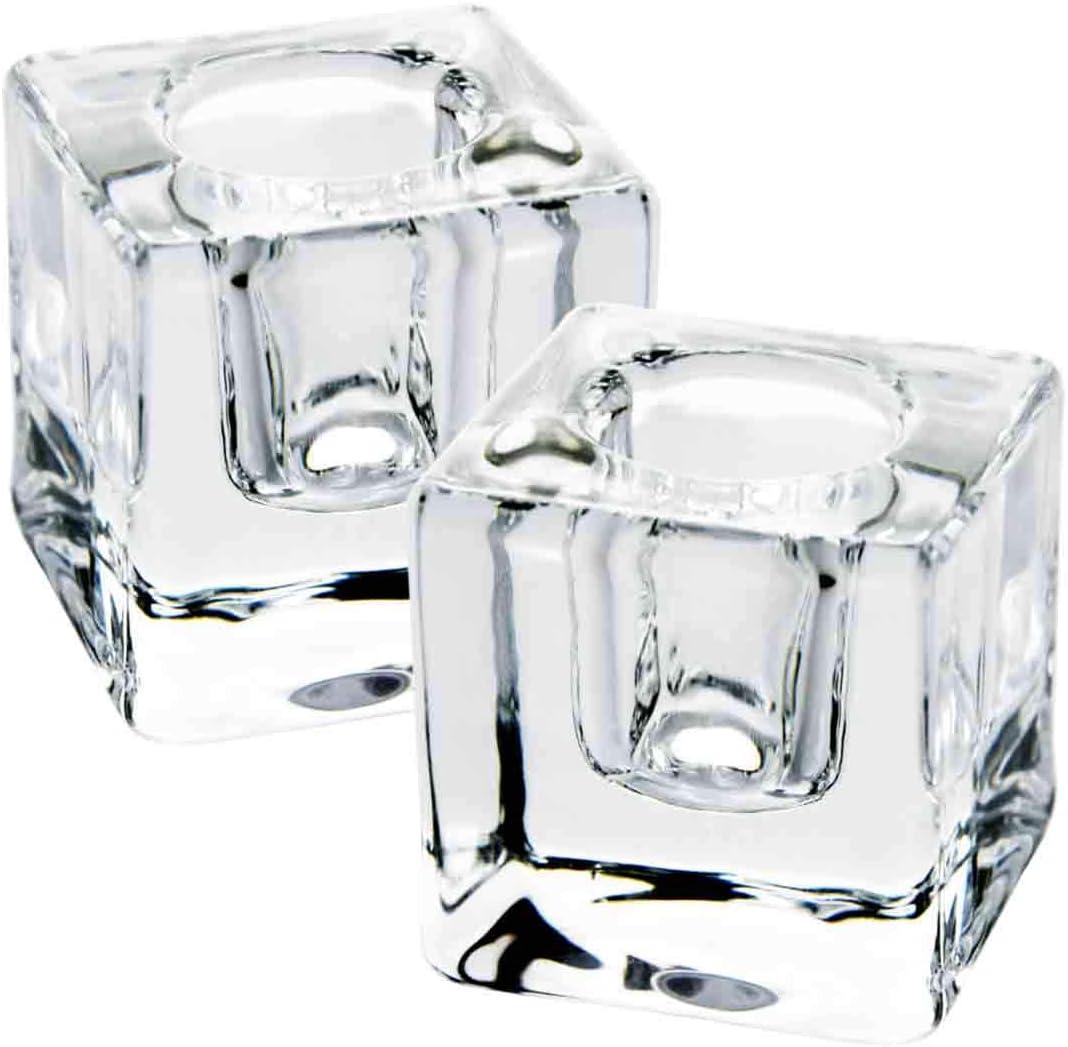 Square Glass Candle Holder Set of 2, Clear Taper Candlestick Holders, Ideal Gift for Dining Table, Wedding, Christmas and Party