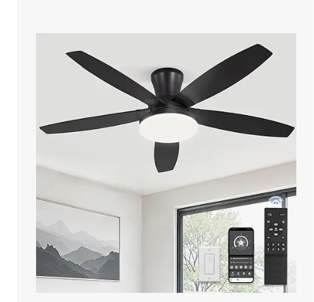 ZMISHIBO 48 inch Ceiling Fans with Lights and Remote/APP Control,Black Low Profile Ceiling Fan with Light,Quiet DC Motor,LED Dimmable, Modern Flush Mount Ceiling Fan for Bedroom Indoor/Outdoor Patio