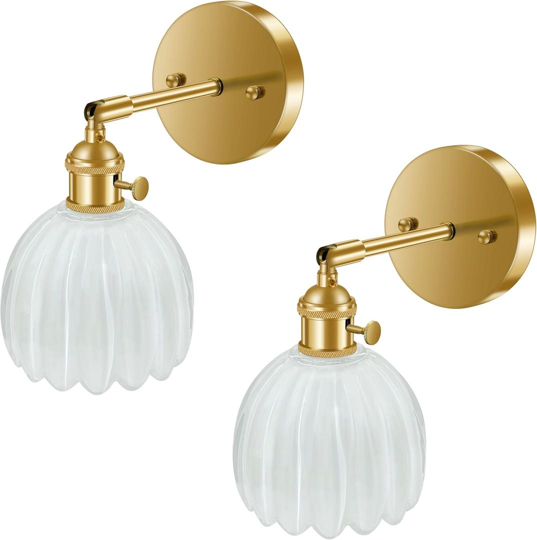 Wall Sconces, Tulip-Shaped Glass Shade, Modern Wall Lamp, with Knob Switch, for Home Bedroom Doorway Decoration (White Glass + Brass Finish, 2-Pack Hardwired)