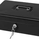 Steel Cash Box with Key Lock, Metal Small Money Organizer with Money Tray,Cash Storage Box with Lockable Cover (Black - 12 inch) (Black - 11.8" x 9.4" x 3.5")