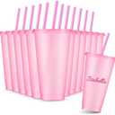 Amyhill 7 Pcs Reusable Glitter Cups with Lids and Straws 24 oz Plastic Tumbler Iced Coffee Cup Travel Mug for Smoothie Juice Sleepover Wedding Graduation Party Supplies Girl(Light Pink)