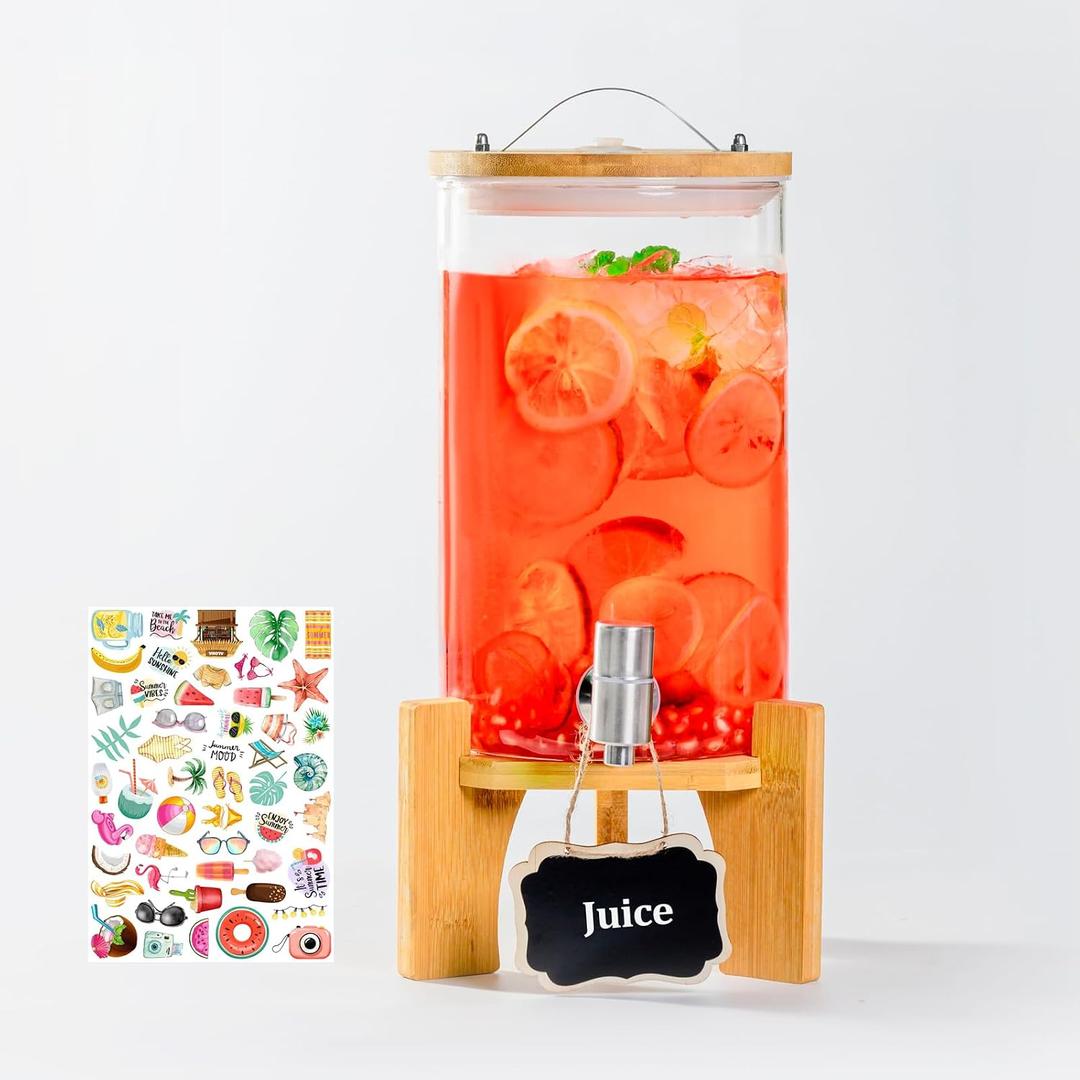 1.2 Gallon Large Glass Drink Dispenser For Parties, Beverage Dispenser with Bamboo Wood Stand and Stainless Steel Spigot, Juice, Lemonade, Water jug dispenser, Laundry Detergent Dispenser (1 PACK)