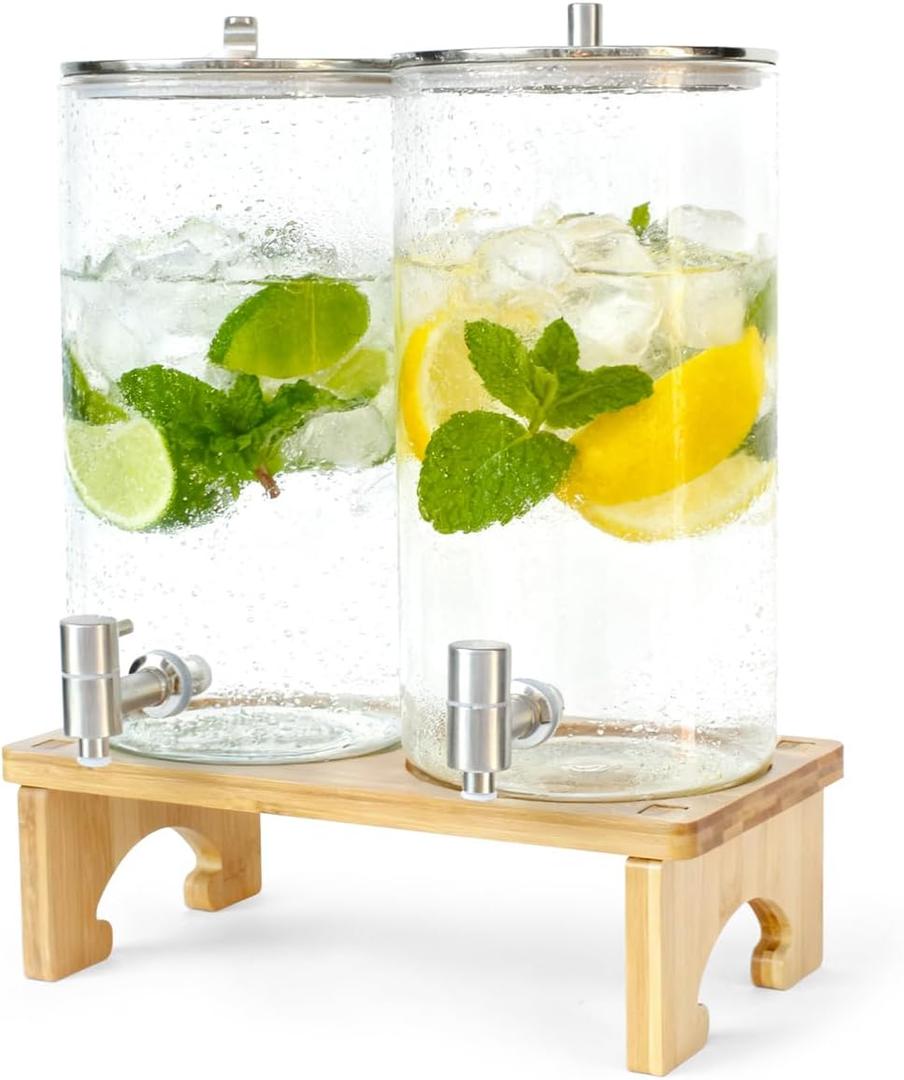 2 Pack 1.5 Gallon Drink dispenser with StandGlass Beverage Dispenser With Wood Stand, 18/8 Stainless Steel Spigot and Labels Large Water Drink Dispensers for Parties, Lemonade,Juice, Tea