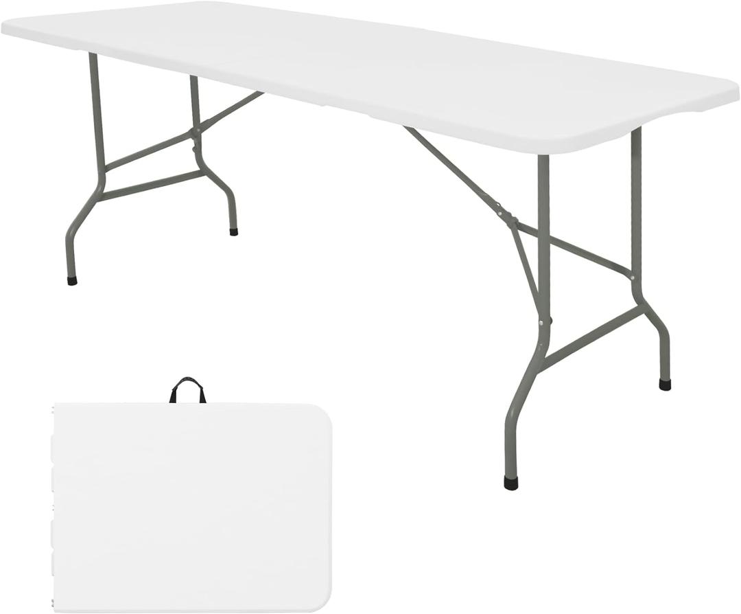 HAISIWLKJ Folding Table 6 FT Lightweight Camping Table Portable Plastic Rectangular Outdoor Dining Table Steel Legs Fold-in-Half with Carrying Handle for Indoor, Picnic, Party, Wedding, Events (White)