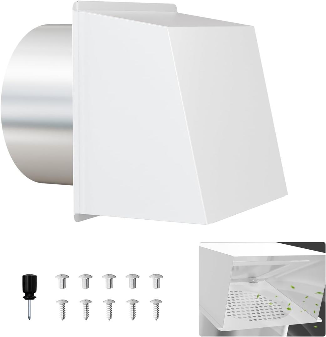 8" Dryer Vent Cover Outside, Hooded Dryer Wall Vent with Screen and Damper, Heavy Duty Exterior Vent Cover for Dryer Vent Kitchen Range Hood Outdoor Air Exhaust (8 Inch-White)