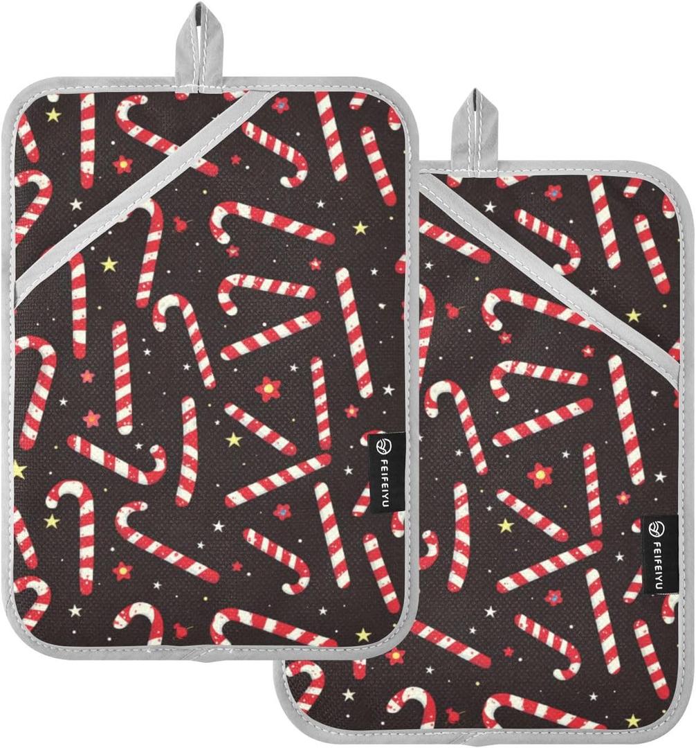 Kitchen Potholder Candy Cane Christmas Black Pot Holders Set of 2 Heat Resistant Potholders Oven Hot Pads with Pockets for Countertop Trivet Baking Cooking BBQ