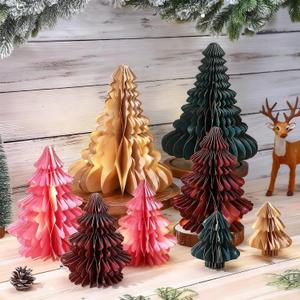 Faccito 8 Pcs Neutral Paper Christmas Tree Honeycomb Centerpiece Paper Honeycomb Christmas Tree with 2 LED Light Strings Holiday Hanging Decoration Table Centerpiece (Bright Color)