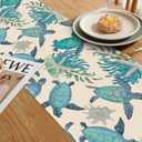 Sea Turtle Starfish Coral Table Runner Linen Long Farmhouse Rustic TableRunner for Party Holiday Dining Room /Kitchen,13 x 70 Inches