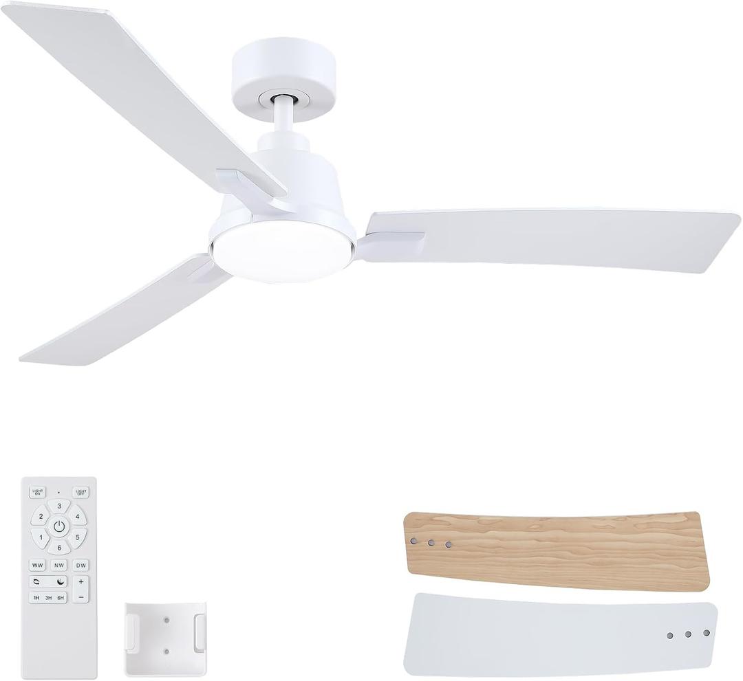 52 Inch Ceiling Fans with Lights,Low Profile Ceiling Fan,Modern Flush Mount,Reversible 6 Speeds,3CCT Dimmable Noiseless White Ceiling Fans for Living Room,Bedroom and Patio,ETL Listed