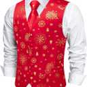DiBanGu Mens Christmas Suit Vest and Tie Set for Men Waistcoats and Necktie Pocket Square Set for Prom Party S-3XL (Red Gold)