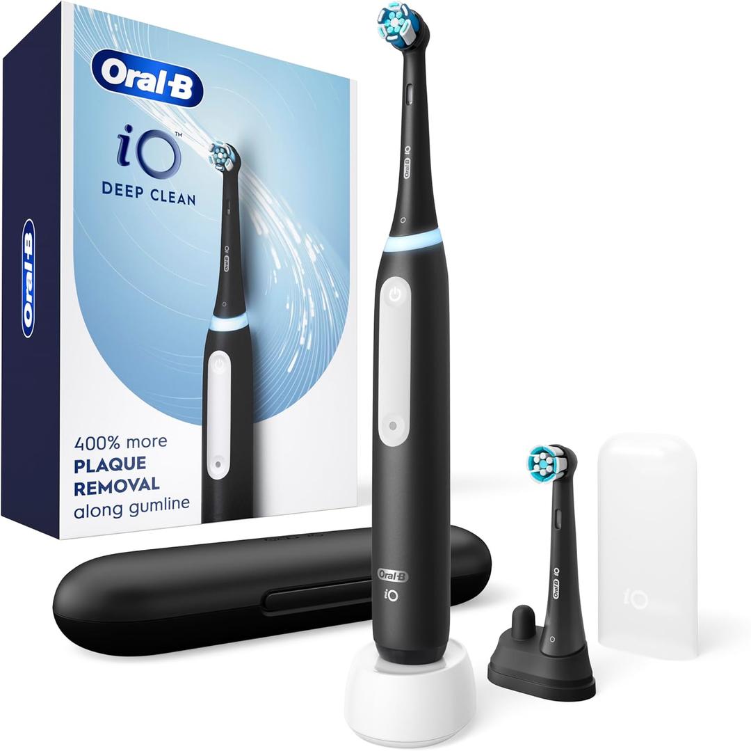 Oral-B iO Deep Clean Rechargeable Electric Powered Toothbrush, Black with iO Series 3 Limited, 2 Brush Heads and Travel Case - Pressure Sensor to Protect Gums - 3 Cleaning Settings - 2 Minute Timer (1 Count (Pack of 1))
