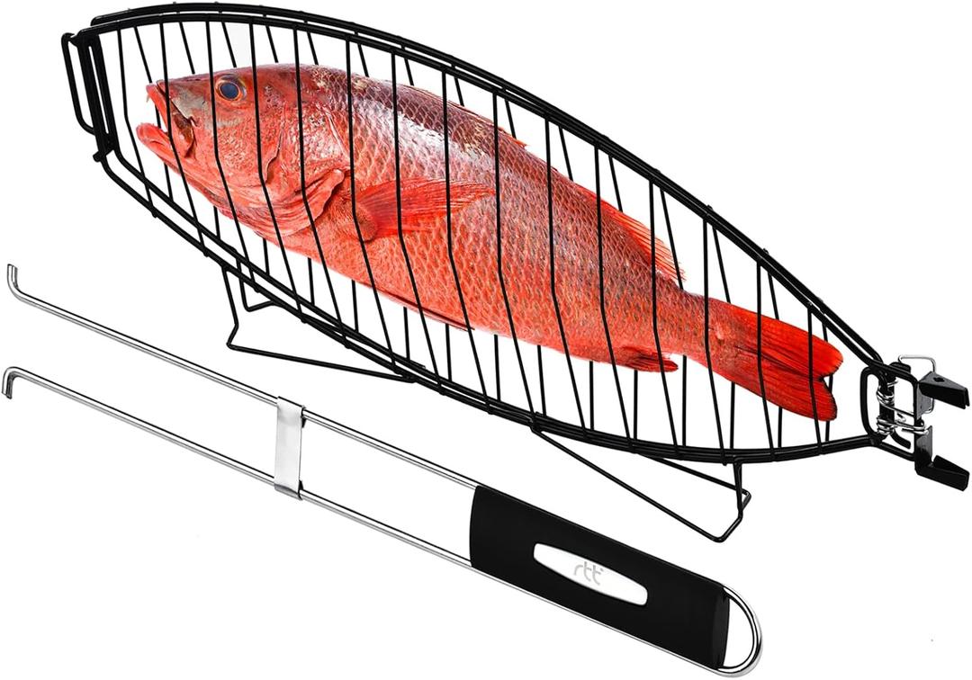 RTT's Premium Stainless Steel Large Fish Basket for Grilling - Folding Grill Basket With Detachable Handle - Perfect for Cooking Whole Fish