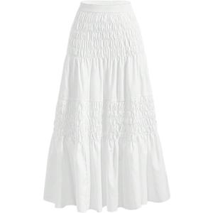 Milumia Women's Flowy Flared Boho Maxi Skirt Ruffle Smocked Tiered A Line Fall Long Skirts (White, S)