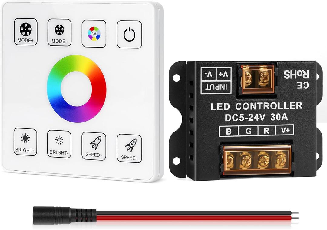 HOUHUI RF Touch Panel RGB LED Controller Kit, RGB LED Strip Lights Controller with RF Wireless Remote, Dimmable Wall-Mounted Touch Panel Controller for 5V 12V 24V 4-PIN 5050 2835 3535 Light Strips COB