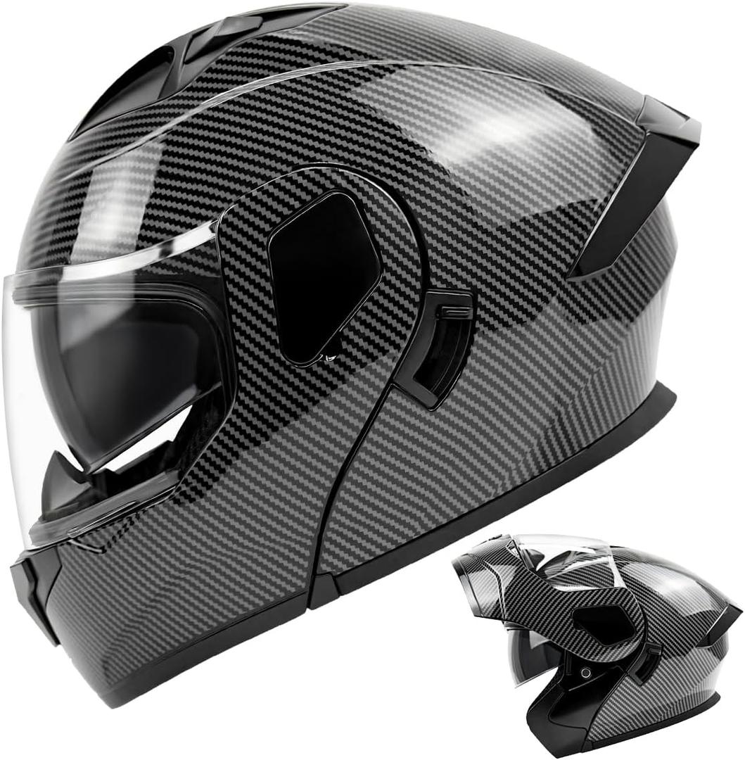Carbon Fibre Motorcycle Dual Visor Flip Up Modular Full Face Helmet, Youth Adult Integrated ATV UTV Snowmobile Street Dirt Bike Casco, DOT Approved, Small