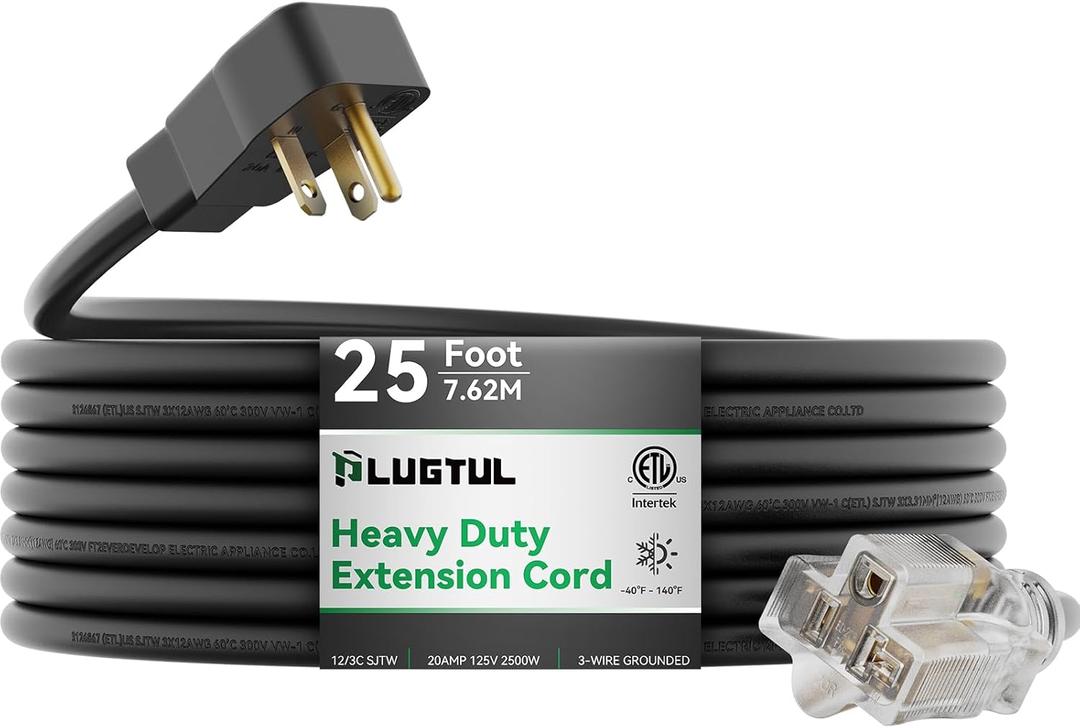 PLUGTUL 20AMP Extension Cord 25FT, NEMA 5-20 Heavy Duty Extension Cord, Lighted End, 12Gauge, SJTW, 20AMP 125V 2500W, Black