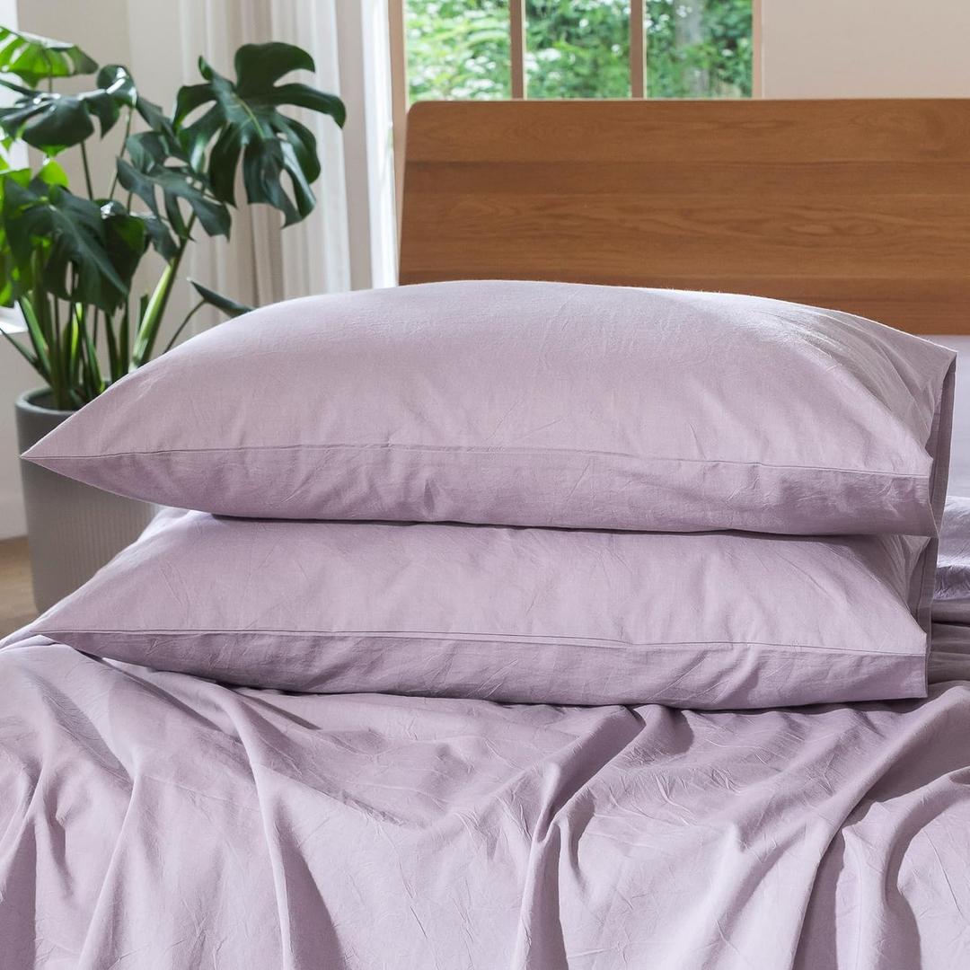 MooMee Bedding Pillowcases Pack of 2 100% Washed Cotton Linen Like Textured Breathable Durable Soft Comfy (Heathered Light Purple, Standard)