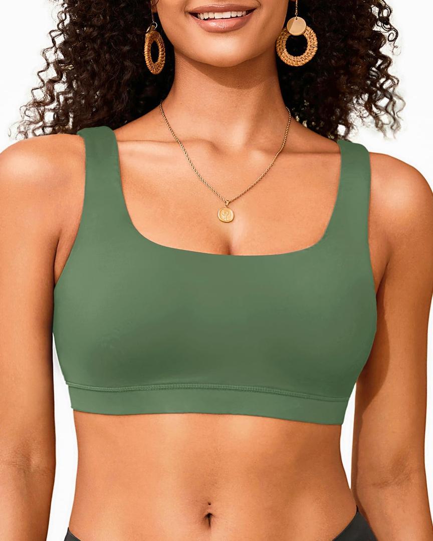 Women Sport Bra Swimsuit Top - Swim Bra Bikini Top Only Scoop Neck Bathing Suit 2025 Swimwear (Small, Olive Green)
