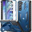 For Samsung Galaxy S21FE Phone Case: DualLayer Military Grade Drop Proof Full Protection Cover with Kickstand | Durable Rugged Shockproof TPU Matte Textured Tough Protective Bumper Shell (Blue)