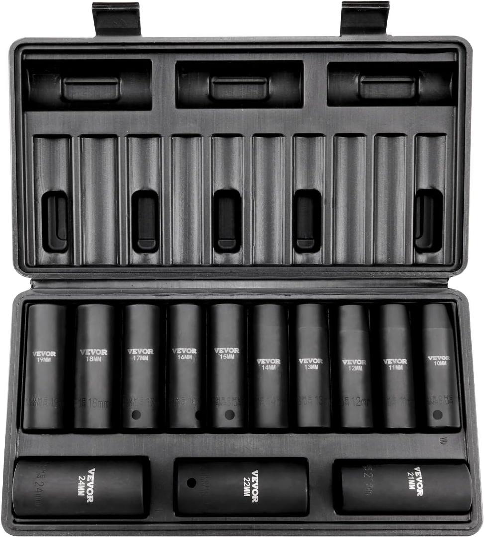 VEVOR 1/2" Drive Impact Socket Set, 13 Piece Deep Socket Set Metric 10-24mm, 6 Point CR-V Alloy Steel for Auto Repair, Easy-to-Read Size Markings, Rugged Construction, Includes Storage Case