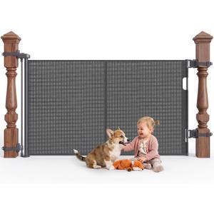 Retractable Baby Gate for Stairs & Banister, 55" Wide Mesh Dog Gate, One-Handed Dual Lock Safety Gate for Kids & Pets, Fits Round & Square Posts (Gray)