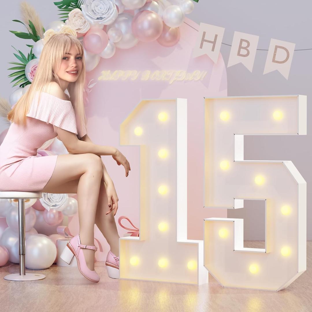 3FT Marquee Light Up Numbers 15th Birthday Decorations for Girls Boys, Large Marquee Numbers 15 Fifteen Years Olds Party Decor, Big Mosaic Numbers Anniversary Decorations