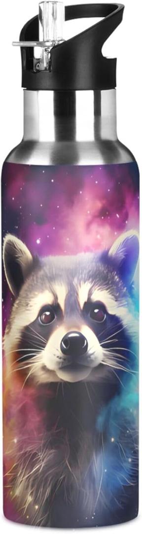 Raccoon Galaxy Water Bottles Kids Insulated Sports Vacuum Stainless Steel Thermos Mug with Straw Lid & Handle 20 oz