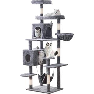 Cat Tree 71.6 inches Cat Tower for Indoor Cats, Multi-Level Cat Condo Furniture with Scratching Posts, Plush Perches, Activity Center with Cozy Basket & Hammock for Large Cats, Light Gray (Grey)