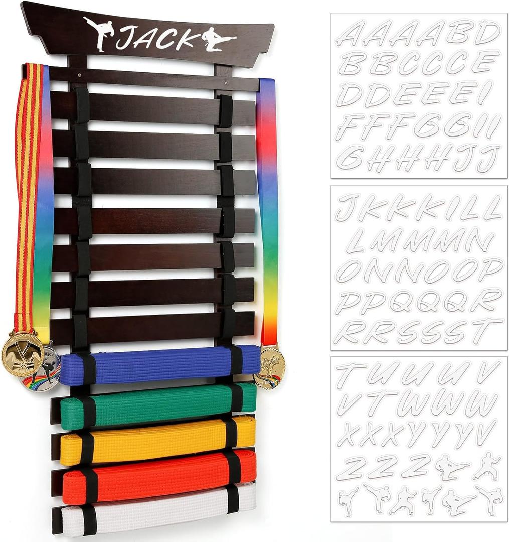 Winartton Karate Belt Display Rack with Stickers, Martial Arts Belt Display Holder, Taekwondo Belt Jiu Jitsu Belt BJJ Belt Display Hanging Holder for Adults (Walnut)