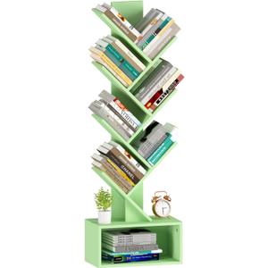 Yoobure Tree Bookshelf - 6 Shelf Retro Floor Standing Bookcase, Tall Wood Book Storage Rack for CDs/Movies, Utility Book Organizer Shelves for Bedroom, Living Room, Home Office Green