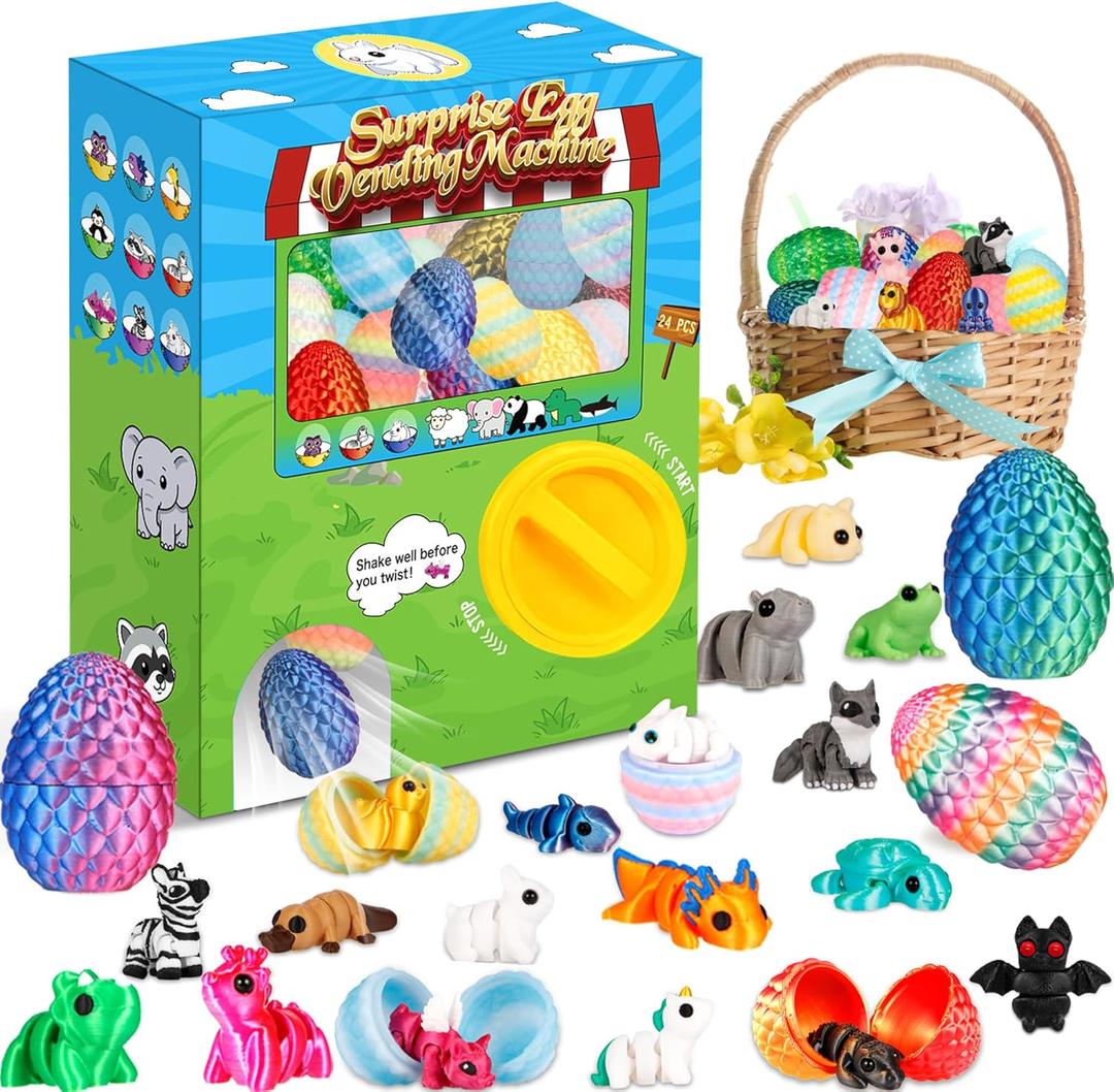 Prefilled Easter Eggs - 24Pcs 3D Printed Surprise Eggs with 3D Animals Toys Capsule Vending Machine Toy Easter Eggs Filled Gifts for Boys Girls Kids