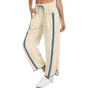 Women's Wide Leg Track Pants Baggy Drawstring High Rise Side Striped Casual Lightweight Parachute Pants with Pockets(Beige,XX-Large)