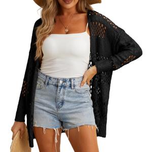 GRECERELLE 2025 Women Summer Crochet Boho Long Sleeve Lightweight Oversized Open Front Cardigan Sweaters Kimonos Tops (Small, Black)