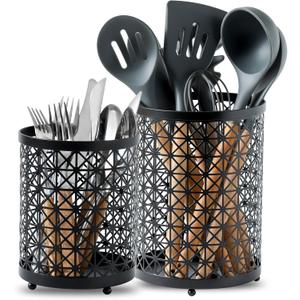 8.2"+6.2" Set Kitchen Utensil Holder for Kitchen Counter, Metal Cooking Utensil Crock for Countertop, Extra Large Black Coffee Pods Holder, Silverware Holder for Spoon Knives Forks