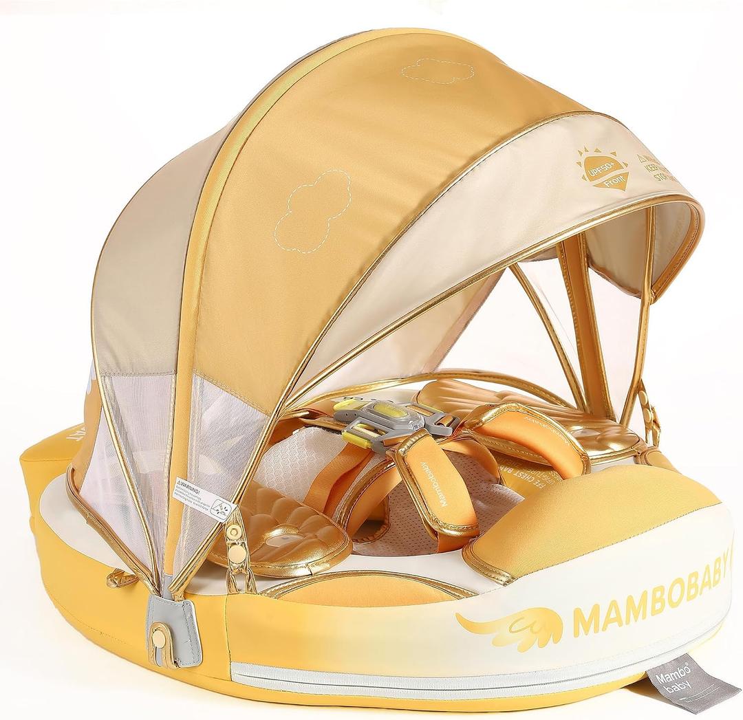 Mambobaby Float Add Tail Baby/Infant Swim Float with Canopy, Non-Inflatable Solid Upgrade Soft Waterproof Skin-Friendly Leather Material (Global Limited Edition Gold), Medium