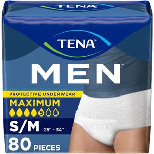 Tena Protective Adult Incontinence Underwear for Men, Maximum, S/M, 80 Count (Waist Size 25in-34in)